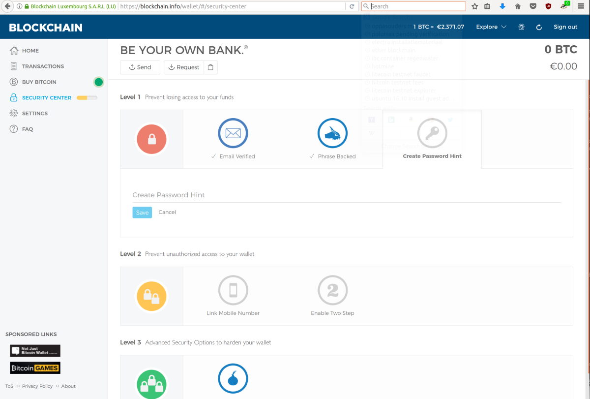 Blockchain.info security settings